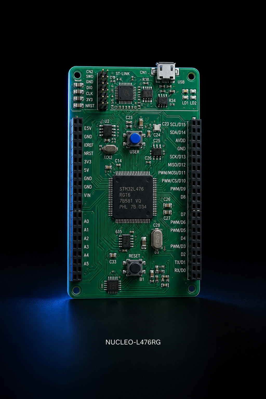 Visual representation of an STM32 NUCLEO-L476RG development board